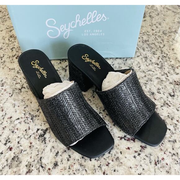 Seychelles Raffia Heeled Mules Adapt Black Raffia‎ SIZE 9 NIB - Picture 2 of 9